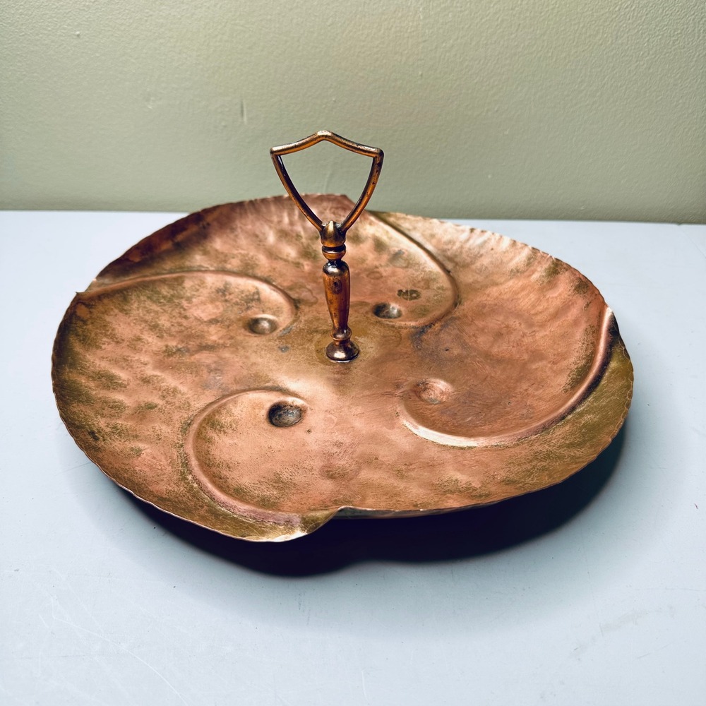 Vintage Solid Copper Hammered Serving Tray Swirl Design Center Handle 11 Inch